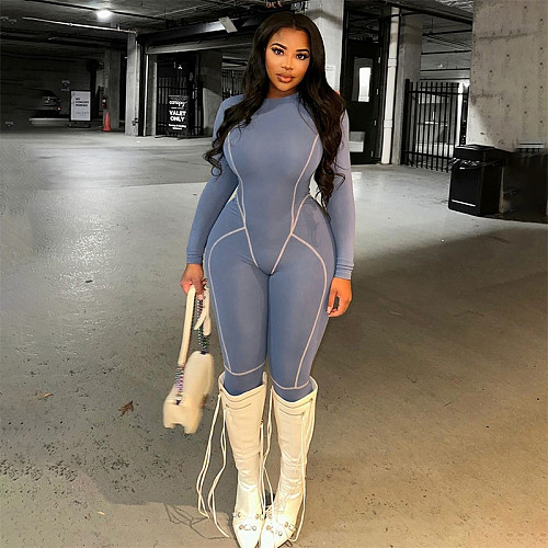 Women Solid Color Round Neck Long Sleeve Slim One-piece Jumpsuit MXXB-D23JP370