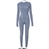 Women Solid Color Round Neck Long Sleeve Slim One-piece Jumpsuit MXXB-D23JP370