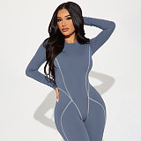 Women Solid Color Round Neck Long Sleeve Slim One-piece Jumpsuit MXXB-D23JP370