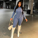 Women Solid Color Round Neck Long Sleeve Slim One-piece Jumpsuit MXXB-D23JP370