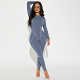 Women Solid Color Round Neck Long Sleeve Slim One-piece Jumpsuit MXXB-D23JP370