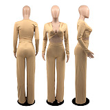 V-Neck Solid Long-Sleeved Autumn and Winter Pants Suit YB-6105