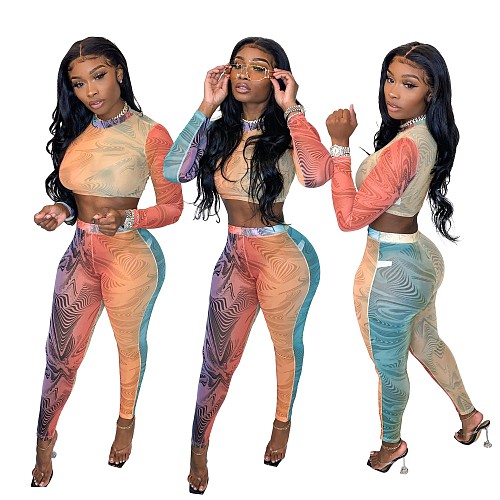 Women Long Sleeves O Neck Skinny Multicolor Print Club Outfits 2pcs YB-60180