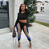 Long Sleeve Crop Top and Color Patchwork Pant Sets YB-6119