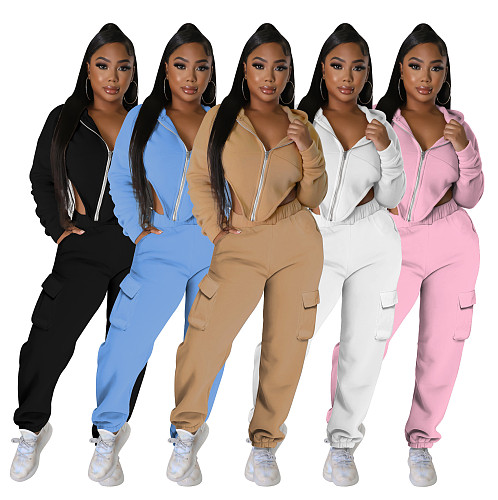 Winter Zip Up Hooded Coat Cargo Pants Tracksuits YB-60185