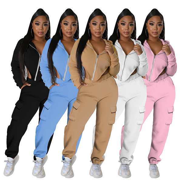 Winter Zip Up Hooded Coat Cargo Pants Tracksuits YB-60185
