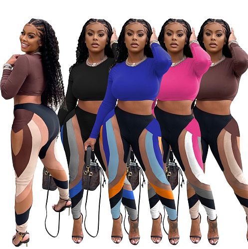 Long Sleeve Crop Top and Color Patchwork Pant Sets YB-6119