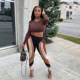 Long Sleeve Crop Top and Color Patchwork Pant Sets YB-6119