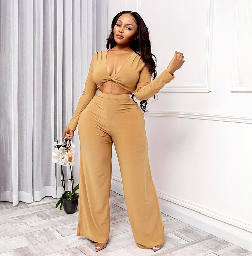 V-Neck Solid Long-Sleeved Autumn and Winter Pants Suit YB-6105