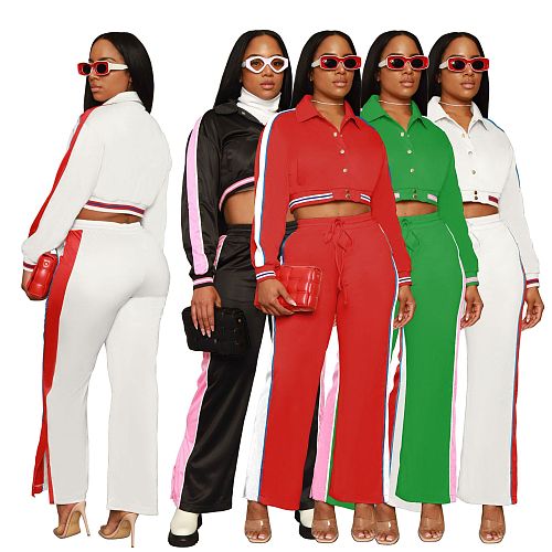Side Striped Button Up Cropped Jacket Wide Leg Pants Set YB-60186