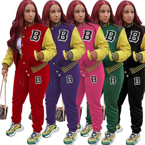 Women Letter Baseball Jacket and Pant Two-Piece Set YH-5244