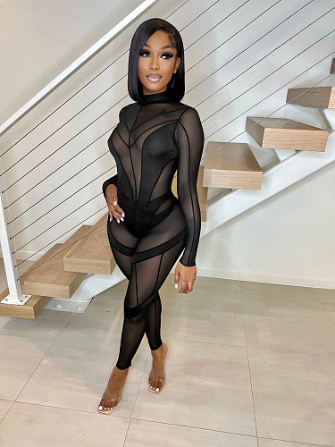 Sheer Mesh Patchwork Long Sleeve Bodycon Club Jumpsuit HXZY-0233