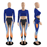 Long Sleeve Crop Top and Color Patchwork Pant Sets YB-6119