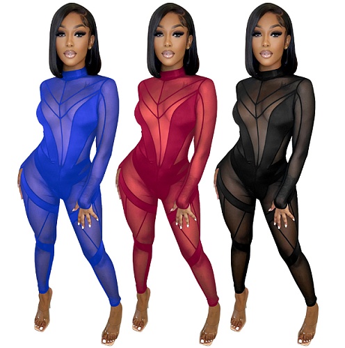 Sheer Mesh Patchwork Long Sleeve Bodycon Club Jumpsuit HXZY-0233