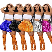 Shiny Skirts High Waisted Metallic A Line Pleated Skater Skirt HXZY-0294