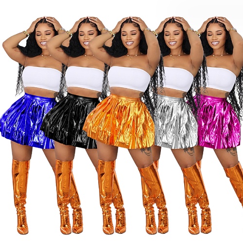Shiny Skirts High Waisted Metallic A Line Pleated Skater Skirt HXZY-0294