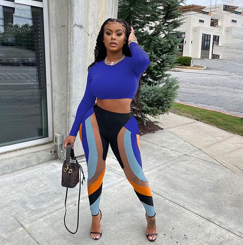 Long Sleeve Crop Top and Color Patchwork Pant Sets YB-6119