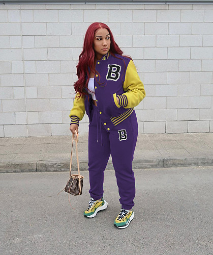 Women Letter Baseball Jacket and Pant Two-Piece Set YH-5244