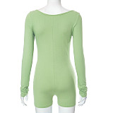 Women Long Sleeves Folds Bodycon Sporty Romper MXXB-K23RP402