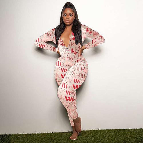 New Year Christmas Pattern Printed Homewear Jumpsuit SHD-9468