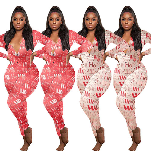 New Year Christmas Pattern Printed Homewear Jumpsuit SHD-9468