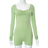 Women Long Sleeves Folds Bodycon Sporty Romper MXXB-K23RP402