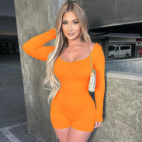 Women Long Sleeves Folds Bodycon Sporty Romper MXXB-K23RP402
