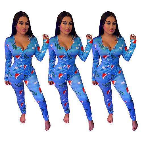 Casual Christmas Printed Long Sleeved Home Jumpsuit SHD-9467