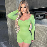 Women Long Sleeves Folds Bodycon Sporty Romper MXXB-K23RP402