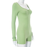 Women Long Sleeves Folds Bodycon Sporty Romper MXXB-K23RP402