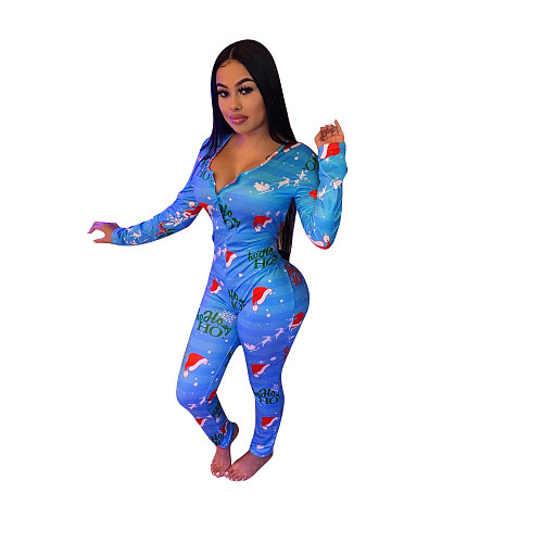 Casual Christmas Printed Long Sleeved Home Jumpsuit SHD-9467