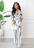 Lapel Long Sleeve Striped Print Shirt Blouse Wide Leg Straight Pants Sets SHD-0254