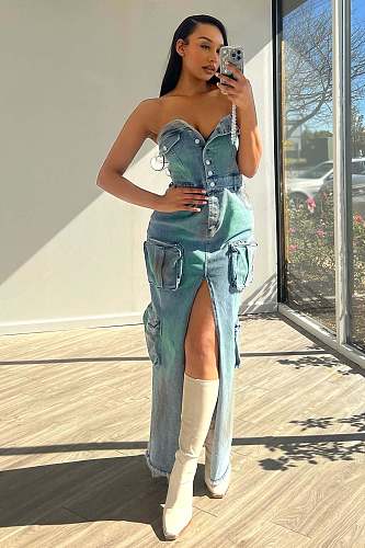 Sexy Strapless Off Shoulder Buttons Pockets Split Denim Maxi Dress CM-8702