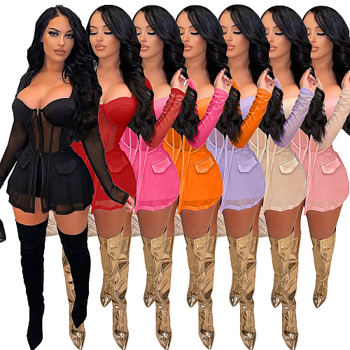 Mesh See Through Patchwork Zipper Blazer+Shorts Set NM-8501