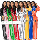 Lapel Long Sleeve Striped Print Shirt Blouse Wide Leg Straight Pants Sets SHD-0254
