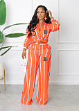 Lapel Long Sleeve Striped Print Shirt Blouse Wide Leg Straight Pants Sets SHD-0254