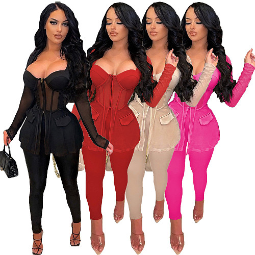 Sheer Mesh Patchwork Corset Blazer Top Pencil Pants Suit NM-8531