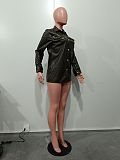 Women Green PU Leather Buttons Suit Jacket OD-8634