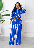 Lapel Long Sleeve Striped Print Shirt Blouse Wide Leg Straight Pants Sets SHD-0254