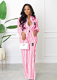 Lapel Long Sleeve Striped Print Shirt Blouse Wide Leg Straight Pants Sets SHD-0254