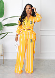 Lapel Long Sleeve Striped Print Shirt Blouse Wide Leg Straight Pants Sets SHD-0254