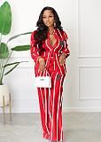 Lapel Long Sleeve Striped Print Shirt Blouse Wide Leg Straight Pants Sets SHD-0254