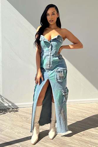 Sexy Strapless Off Shoulder Buttons Pockets Split Denim Maxi Dress CM-8702