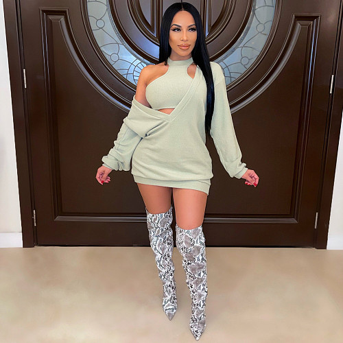 Vest Crop Top+Deep V Long Sleeve Dress 2 Pieces NM-8390