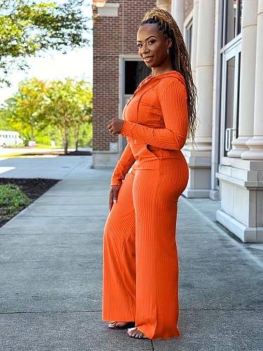 Women Orange Zipper Hoodies And Long Pants Casual Sets ORY-5256