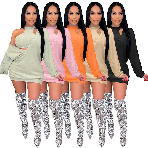 Vest Crop Top+Deep V Long Sleeve Dress 2 Pieces NM-8390