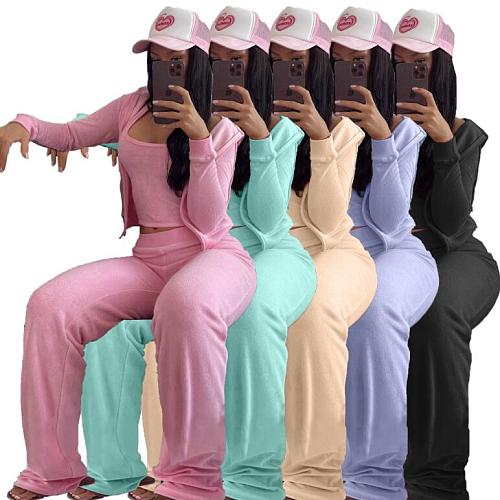 Women Vest Hoodies Wide-leg Long Pants Casual 3pcs Sets NW-8537