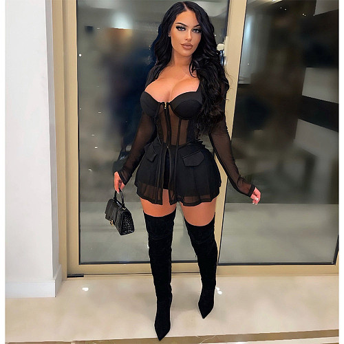 Mesh See Through Patchwork Zipper Blazer+Shorts Set NM-8501