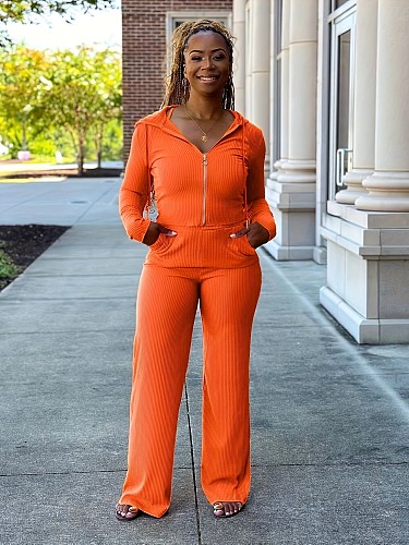 Women Orange Zipper Hoodies And Long Pants Casual Sets ORY-5256