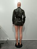 Women Green PU Leather Buttons Suit Jacket OD-8634